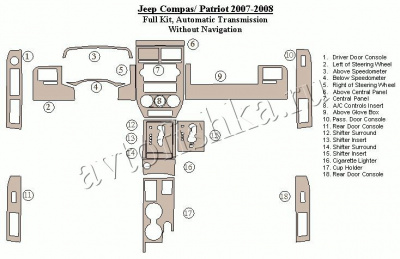 Декоративные накладки салона Jeep Compas 2007-2008 полный набор, Автоматическая коробка передач, без навигации